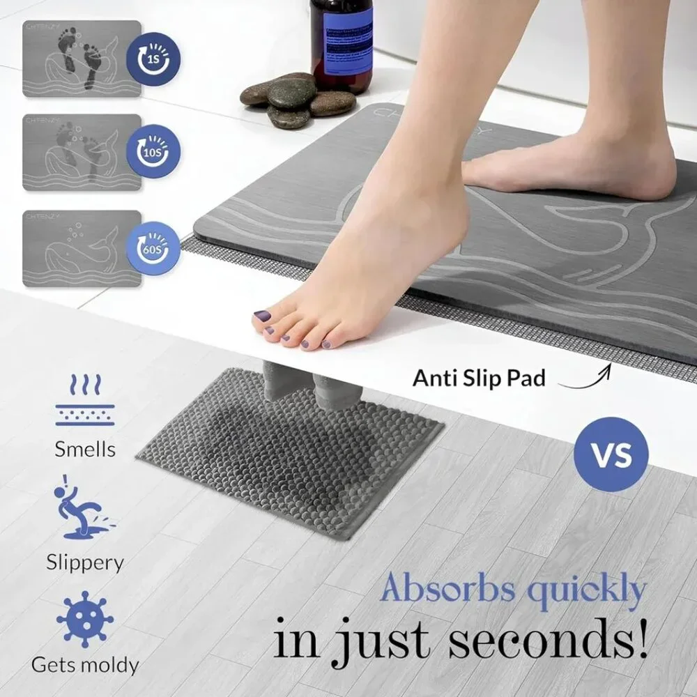 CHTENZY Stone Bath Mat, Diatomaceous Earth Bath Mat Non-Slip Absorbent Bath Ston